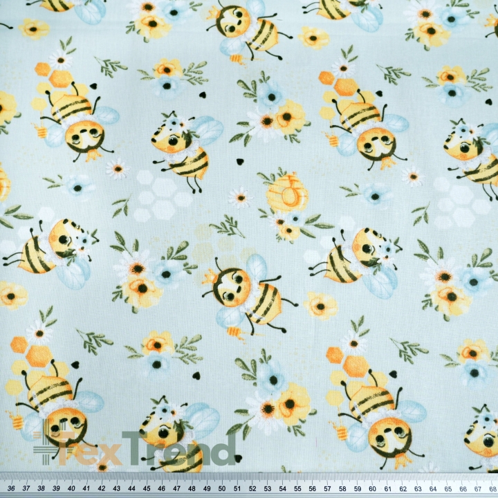 Baumwolle 100% Bienen mit Blümchen auf blauem Wiesengrund  