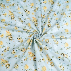 Baumwolle 100% Bienen mit Blümchen auf blauem Wiesengrund  