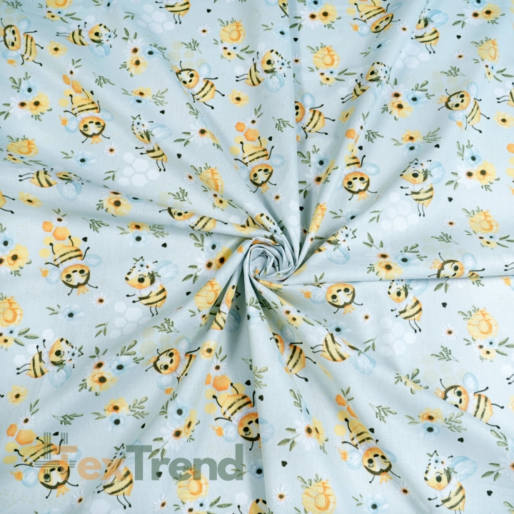Baumwolle 100% Bienen mit Blümchen auf blauem Wiesengrund  