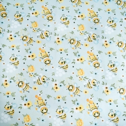 Baumwolle 100% Bienen mit Blümchen auf blauem Wiesengrund  