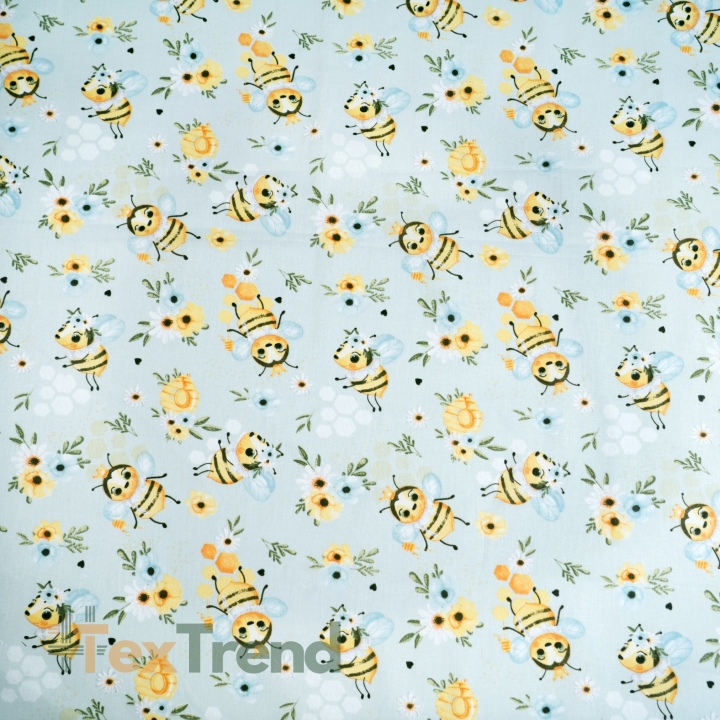 Baumwolle 100% Bienen mit Blümchen auf blauem Wiesengrund  