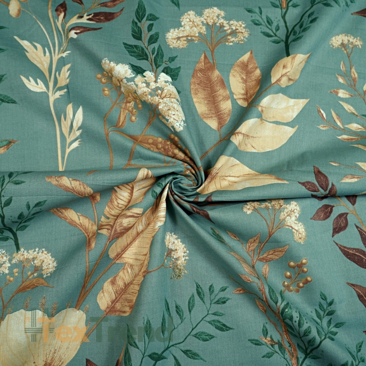 Baumwolle 100% Mohnblumen und Dill auf salbeigrünem Hintergrund  