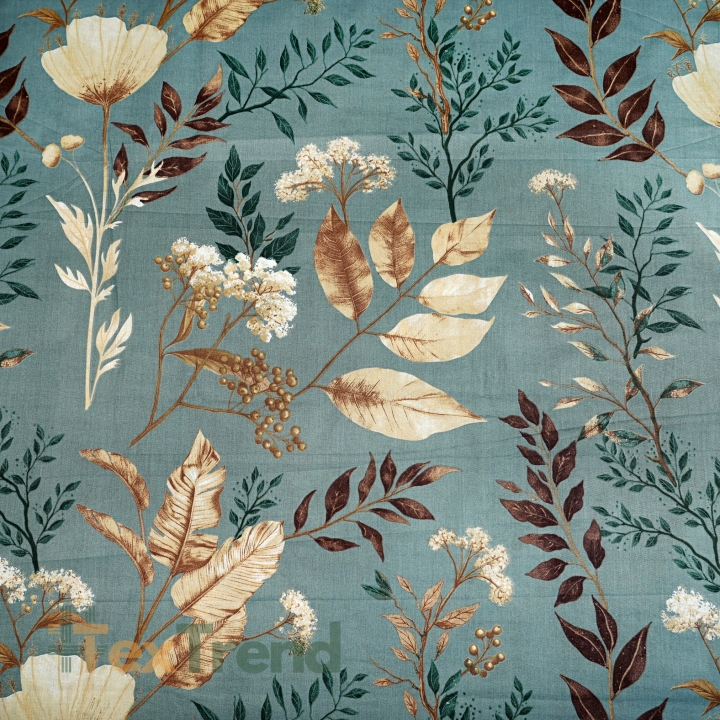 Baumwolle 100% Mohnblumen und Dill auf salbeigrünem Hintergrund  