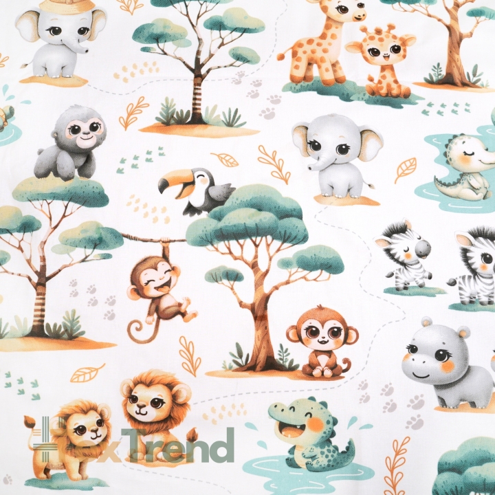 Baumwolle 100% afrikanische Tierchen baby mint auf weißem Hintergrund  