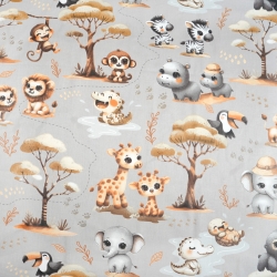 Baumwolle 100% afrikanische Tierchen baby beige auf grauem Hintergrund  