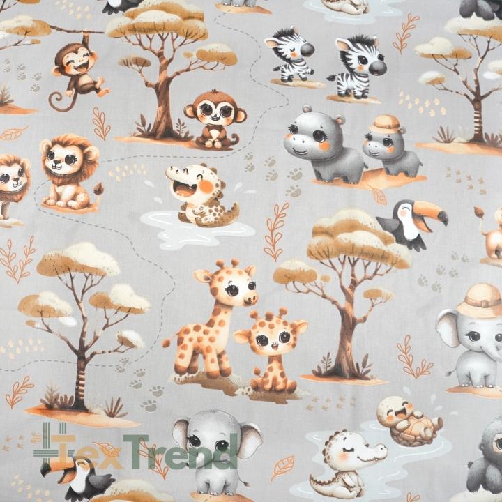 Baumwolle 100% afrikanische Tierchen baby beige auf grauem Hintergrund  