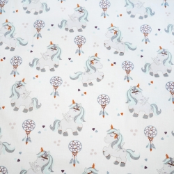 Baumwolle 100% Einhörner und Traumfänger grau-minze auf weißem Hintergrund  