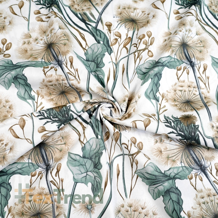 Baumwolle 100% Pusteblumen und Blätter in salbeigrün und beige auf weißem Hintergrund  