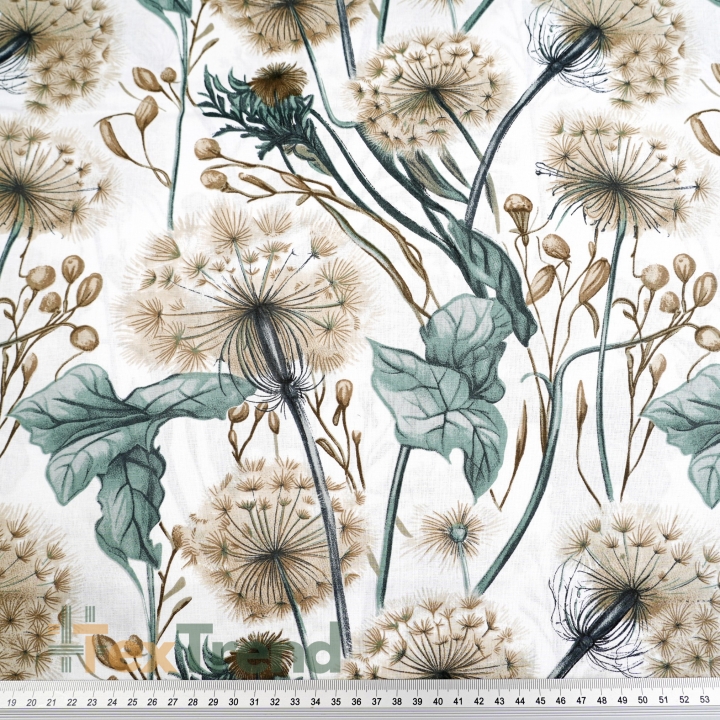 Baumwolle 100% Pusteblumen und Blätter in salbeigrün und beige auf weißem Hintergrund  
