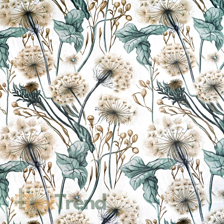Baumwolle 100% Pusteblumen und Blätter in salbeigrün und beige auf weißem Hintergrund  