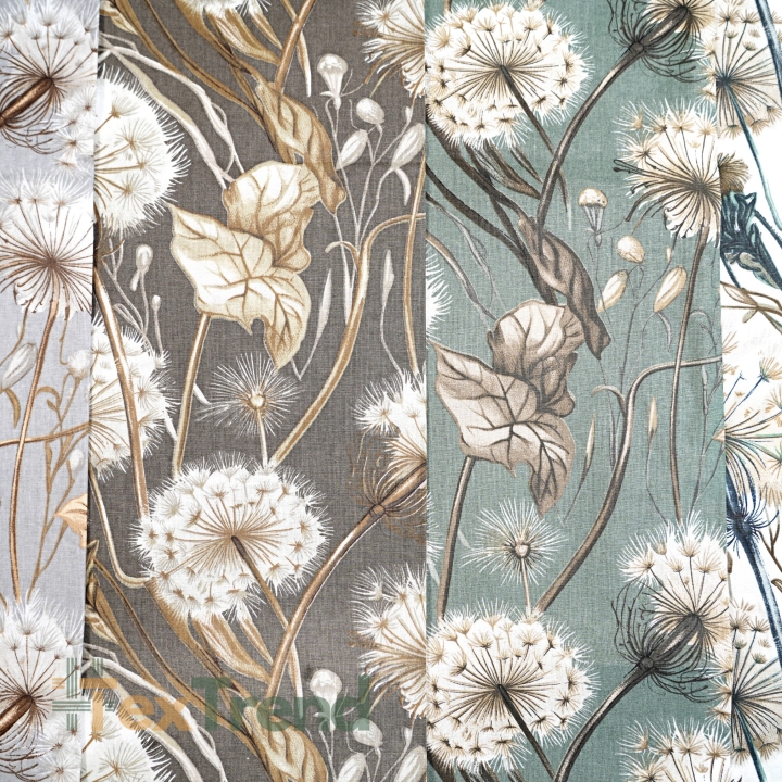 Baumwolle 100% Pusteblumen und Blätter in beige auf salbeigrünem Hintergrund  