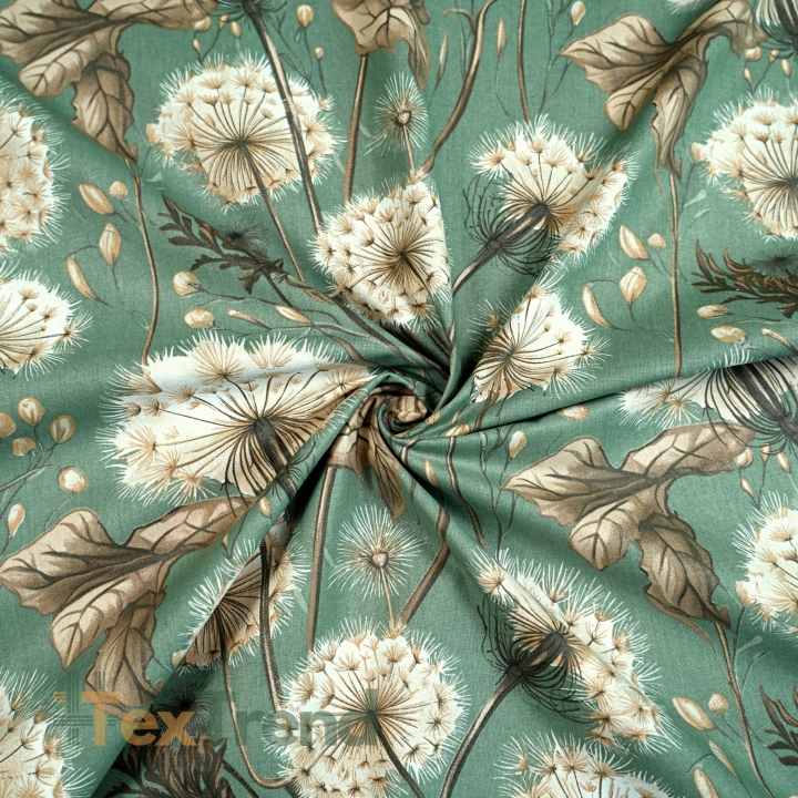 Baumwolle 100% Pusteblumen und Blätter in beige auf salbeigrünem Hintergrund  