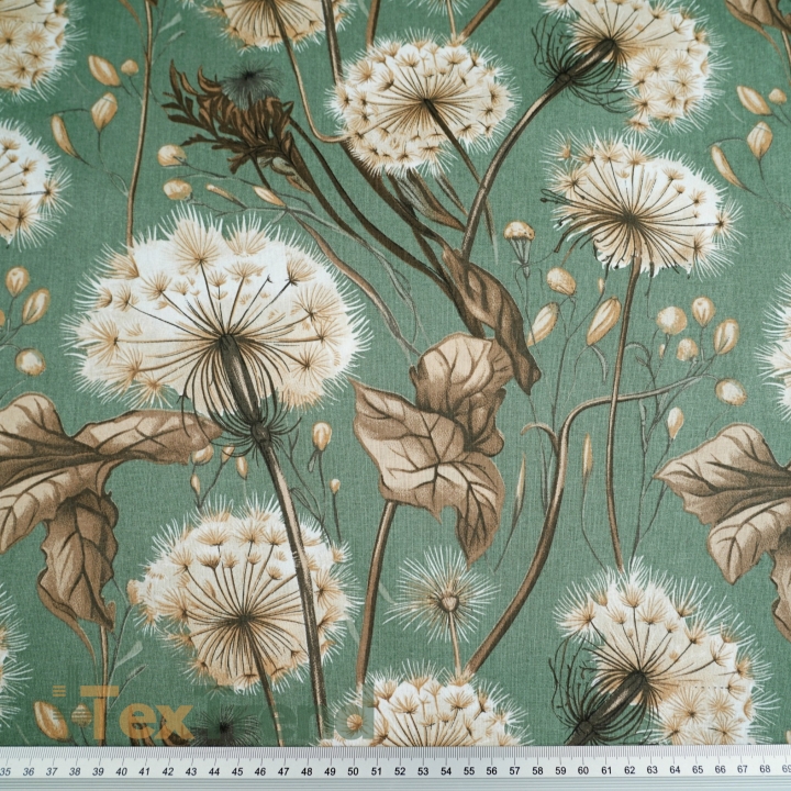 Baumwolle 100% Pusteblumen und Blätter in beige auf salbeigrünem Hintergrund  