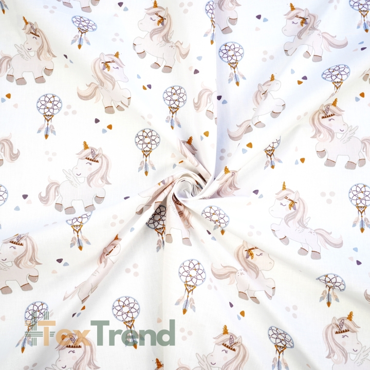 Baumwolle 100% Einhörner und Traumfänger beige auf weißem Hintergrund  