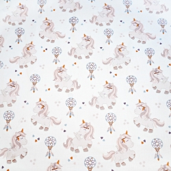 Baumwolle 100% Einhörner und Traumfänger beige auf weißem Hintergrund  