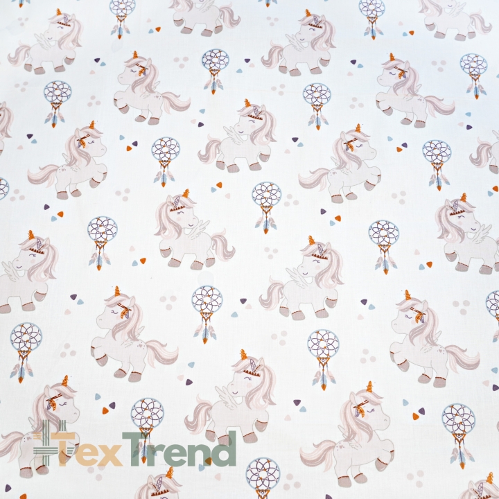 Baumwolle 100% Einhörner und Traumfänger beige auf weißem Hintergrund  