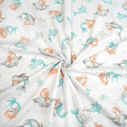 Baumwolle 100% türkis-graue Meerjungfrauen und Delfine  