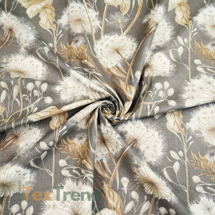 Baumwolle 100% Pusteblumen und Blätter in beige auf grau-beigem Hintergrund  