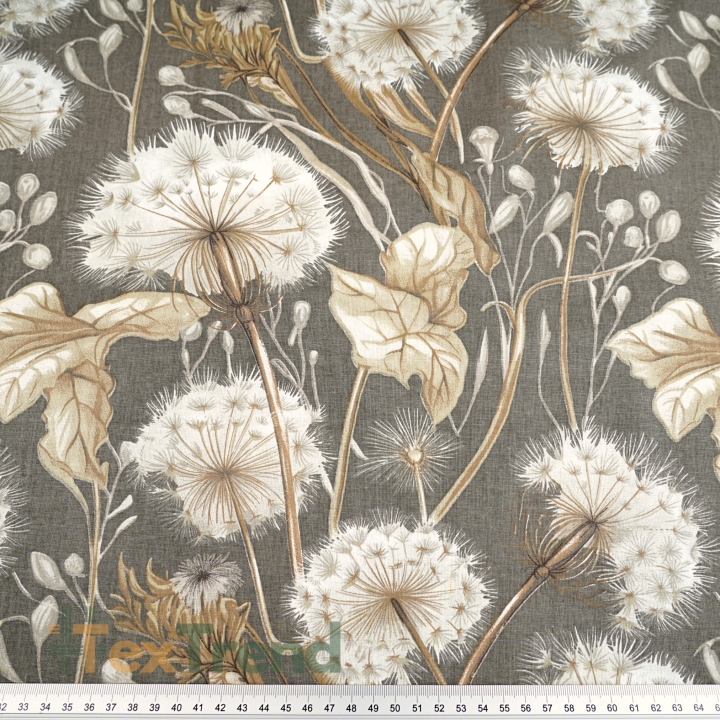 Baumwolle 100% Pusteblumen und Blätter in beige auf grau-beigem Hintergrund  