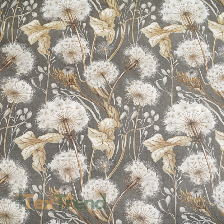 Baumwolle 100% Pusteblumen und Blätter in beige auf grau-beigem Hintergrund  