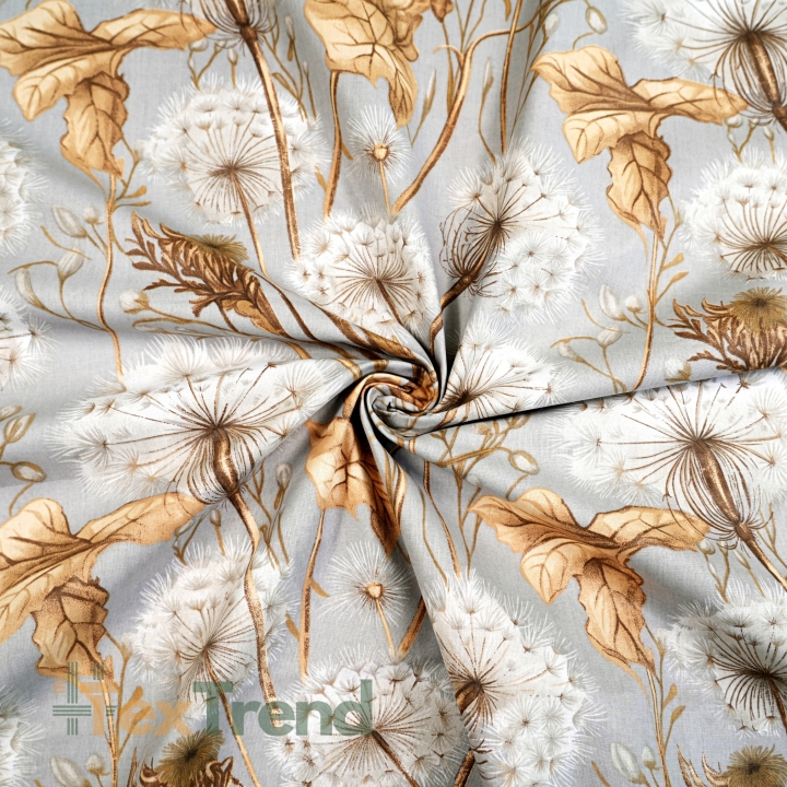 Baumwolle 100% Pusteblumen und Blätter in beige auf hellgrauem Hintergrund  