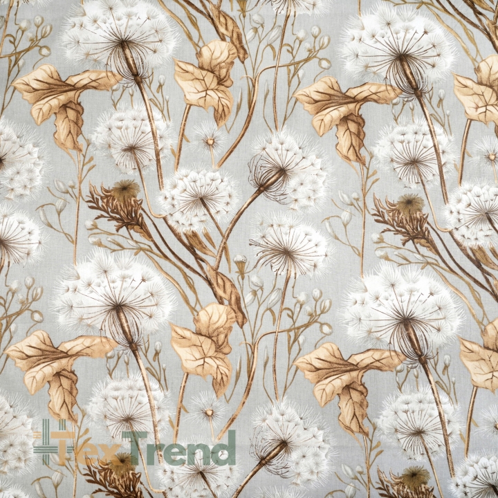 Baumwolle 100% Pusteblumen und Blätter in beige auf hellgrauem Hintergrund  