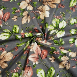 Baumwolle 100% herbstliche Vogelbeerenblätter und -zweige auf dunkelgrauem Hintergrund  