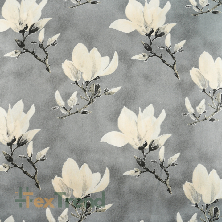 Baumwolle 100% Magnolienblüten ecru auf grauem Hintergrund  