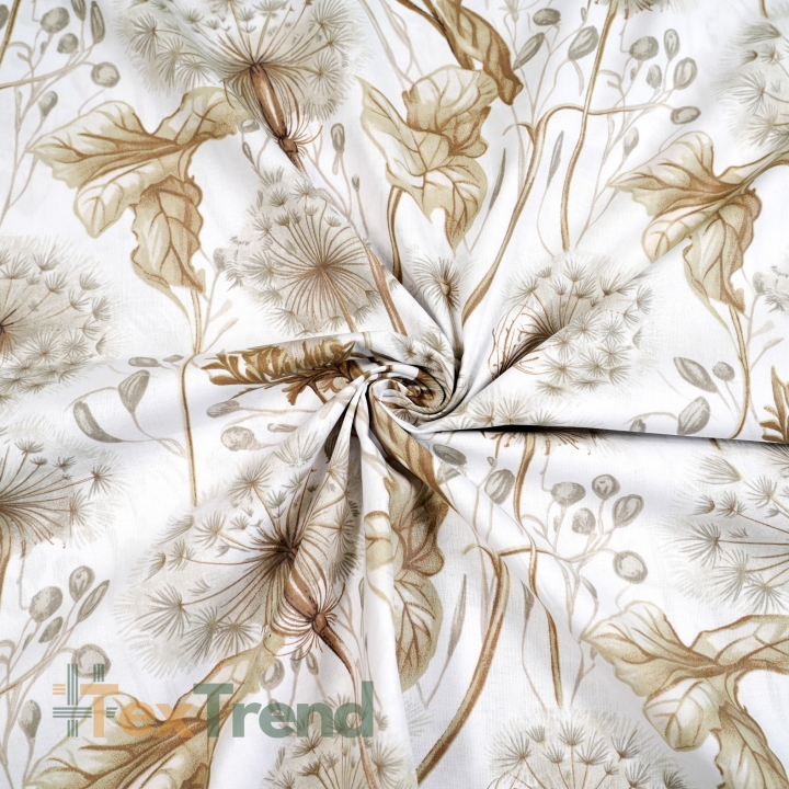 Baumwolle 100% Pusteblumen und Blätter in beige auf weißem Hintergrund  