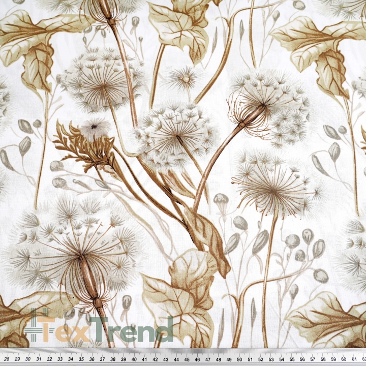 Baumwolle 100% Pusteblumen und Blätter in beige auf weißem Hintergrund  