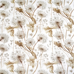 Baumwolle 100% Pusteblumen und Blätter in beige auf weißem Hintergrund  