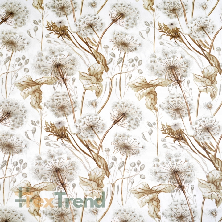Baumwolle 100% Pusteblumen und Blätter in beige auf weißem Hintergrund  