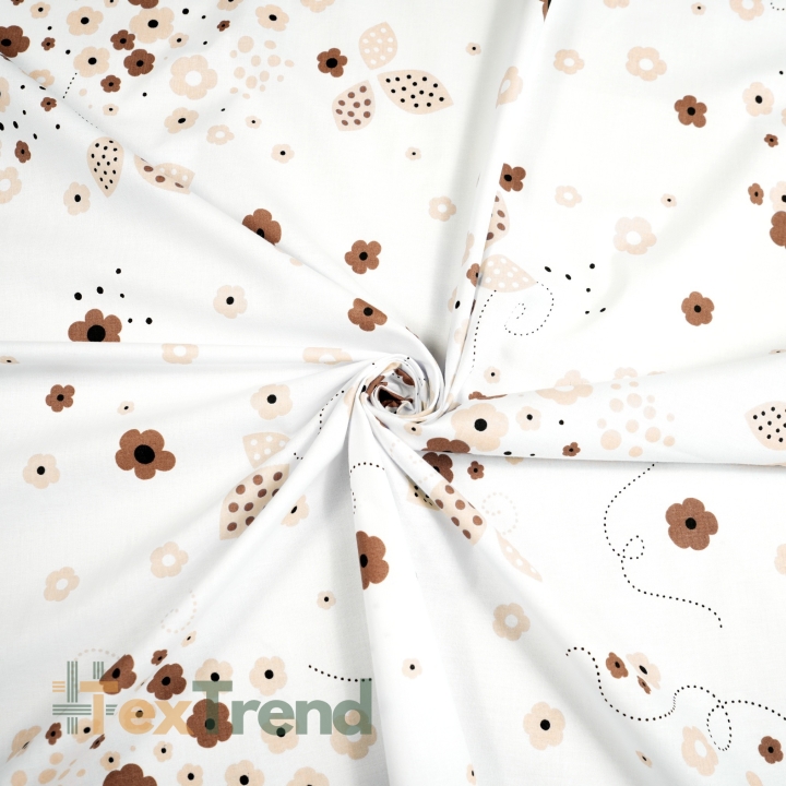 Baumwolle 100% braun-beige Blümchen auf weißem Hintergrund  