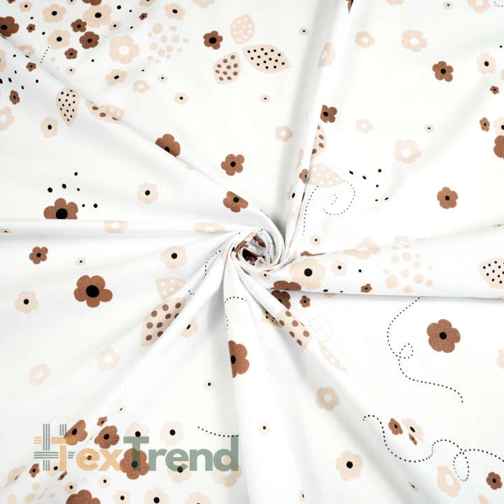 Baumwolle 100% braun-beige Blümchen auf weißem Hintergrund  