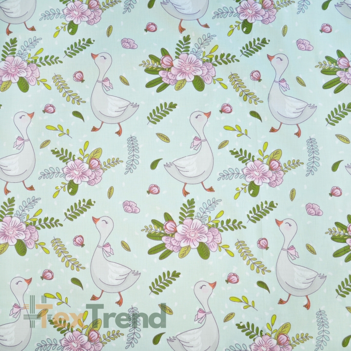 Baumwolle 100% Vögel Gänse mit Blumen auf mintfarbenem Hintergrund  
