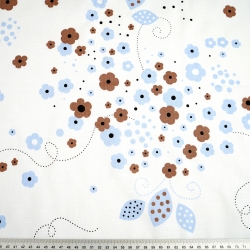 Baumwolle 100% braun-blaue Blümchen auf weißem Hintergrund  