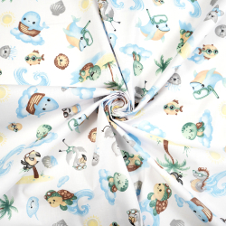 100% Baumwolle Tiere am Meer auf weißem Hintergrund  