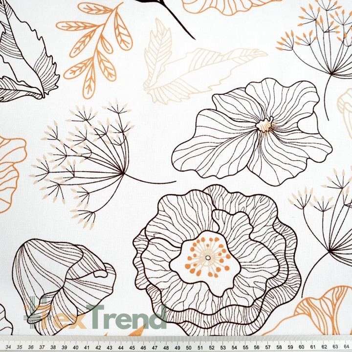 Baumwolle 100% braun-beige Blumenumrisse auf weißem Hintergrund  