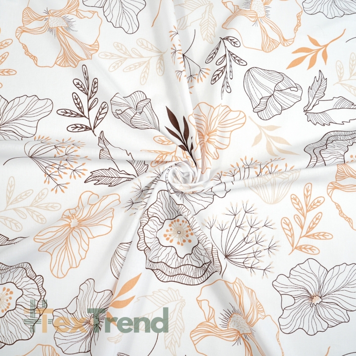 Baumwolle 100% braun-beige Blumenumrisse auf weißem Hintergrund  