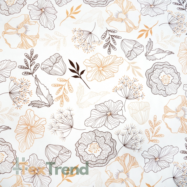 Baumwolle 100% braun-beige Blumenumrisse auf weißem Hintergrund  