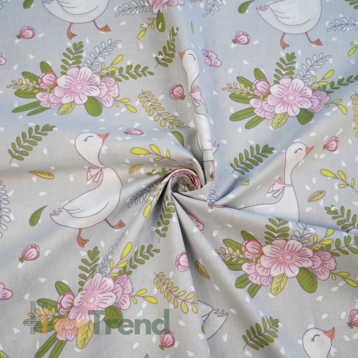 Baumwolle 100% Vögel Gänse mit Blumen auf grauem Hintergrund  