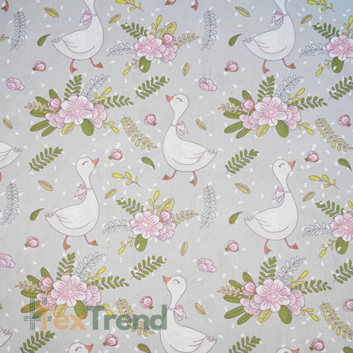 Baumwolle 100% Vögel Gänse mit Blumen auf grauem Hintergrund  
