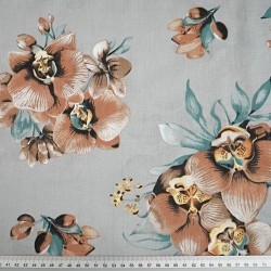 Baumwolle 100% braune Orchideen auf grauem Hintergrund  