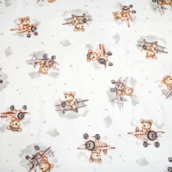 Baumwolle 100% Bären in beigen Flugzeugen auf weißem Hintergrund  