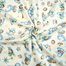 100% Baumwolle Tiere am Meer auf ecrufarbenem Hintergrund  