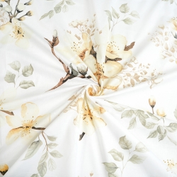 Baumwolle 100% große hellgelbe Apfelblüten auf weißem Hintergrund  