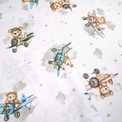 Baumwolle 100% Bären in grün-blauen Flugzeugen auf weißem Hintergrund  