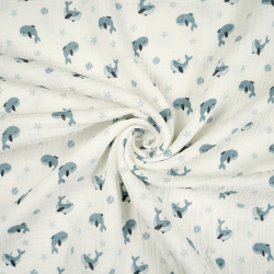 Doppelgaze bedruckt mit blauen Walen