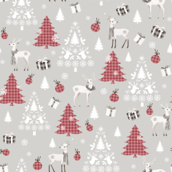 100% Baumwolle Weihnachtsrehe mit burgunderfarbenen Tannenbäumen auf grauem Hintergrund