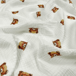 Musselin Double Gauze mit braunen Bärenköpfen